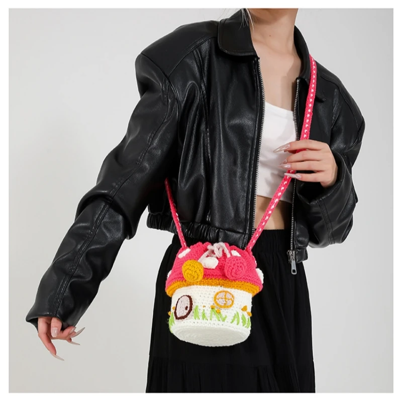 

Милая пряжа ручной работы, вязаная крючком тканая сумка в виде гриба, модная сумка через плечо ручной работы, вязаный слинг, кошелек для телефона, сумка-ведро для девочки