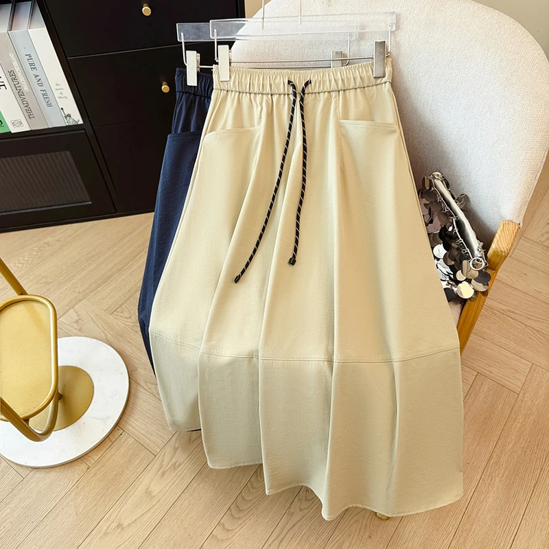 

Sporty Casual A-Line Skirt Women's Elastic Waist Flower Bud Slimming Design Summer New Pure Color Commute Style