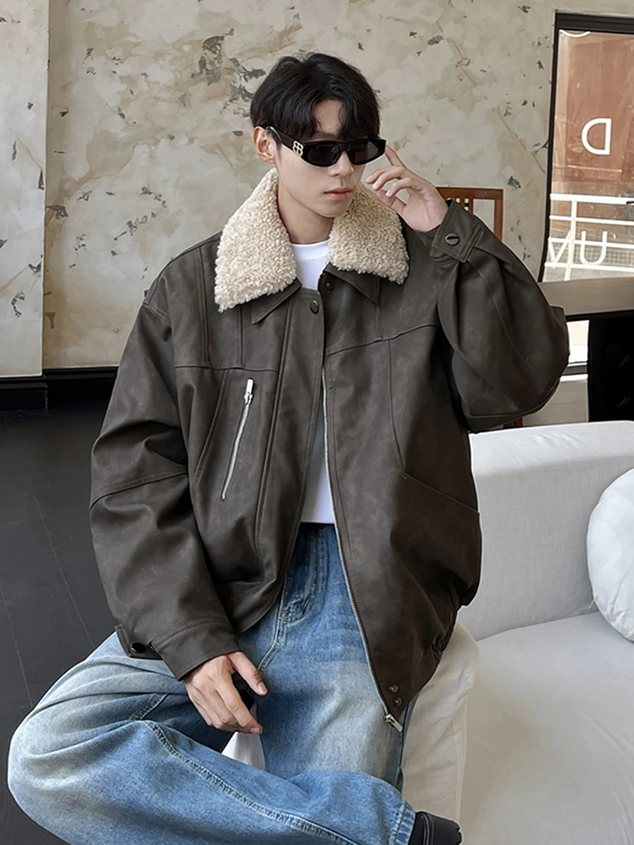 

Мужская зимняя утепленная куртка-косуха с воротником из овчины, модная повседневная хлопковая куртка в американском стиле с шерстяной подкладкой
