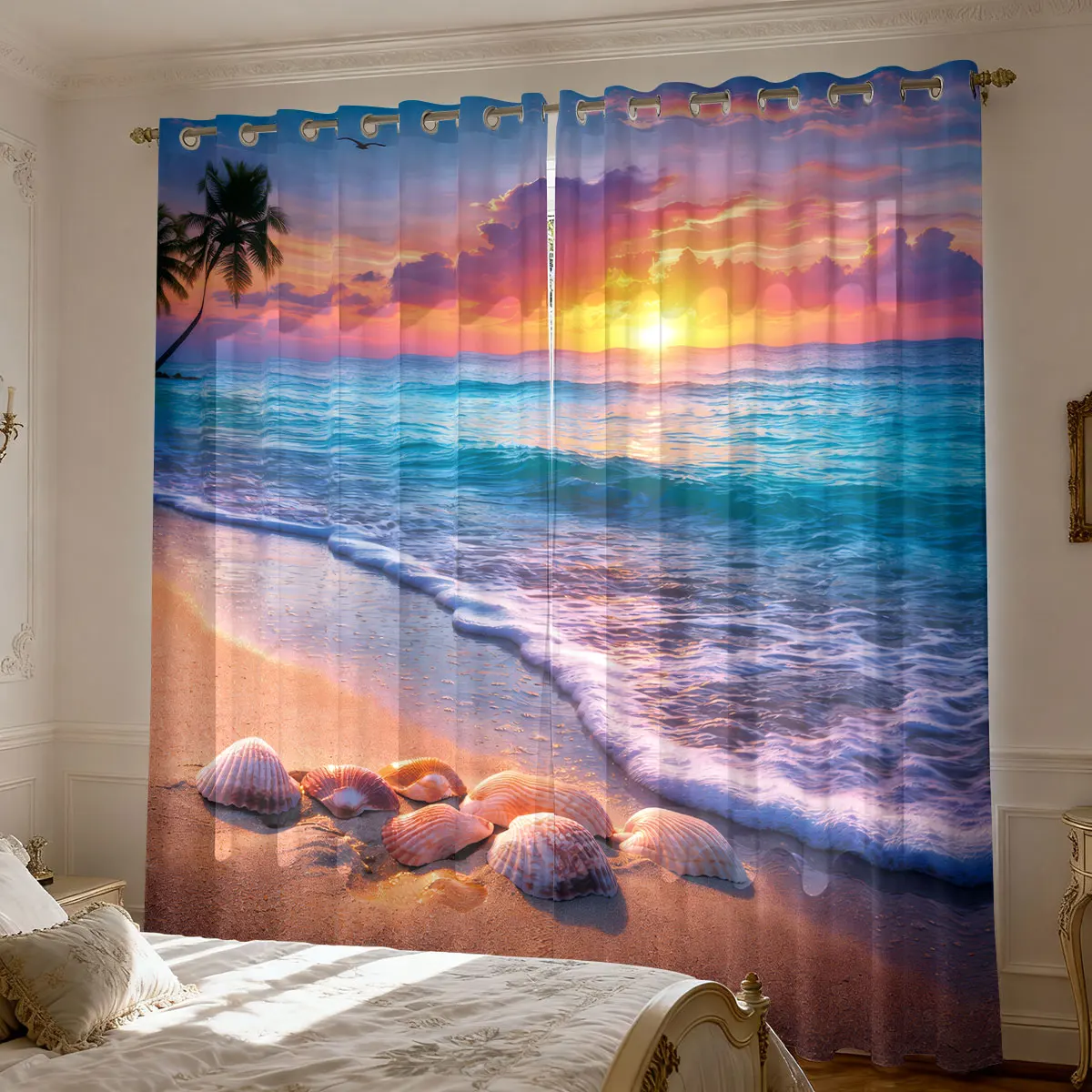 Coastal Nautical Shower Curtain 90GSM Lighthouse Seashell Surfboard Print Fabric Bath Curtain for Beach House Decor