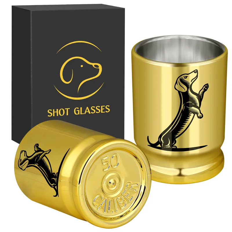 2 sztuki / zestaw 3.2oz Dachshund Design 50 Caliber Bullet Shot Cups Golden Plastic Shot Glasses for Wedding Celebration Party Drinkware