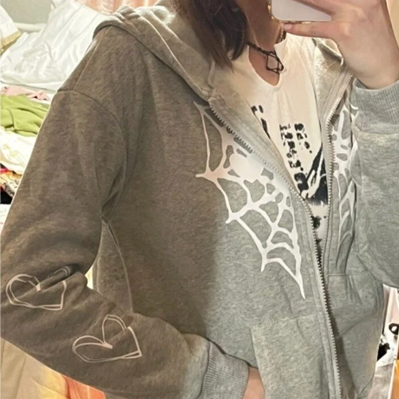 XUANSHOW Herbst Winter Lose Frauen Hoodies Gothic Harajuku Y2k Kleidung Spinne Web & Herz Druck Zip Up Thermische Strickjacke Mantel – Detail 4