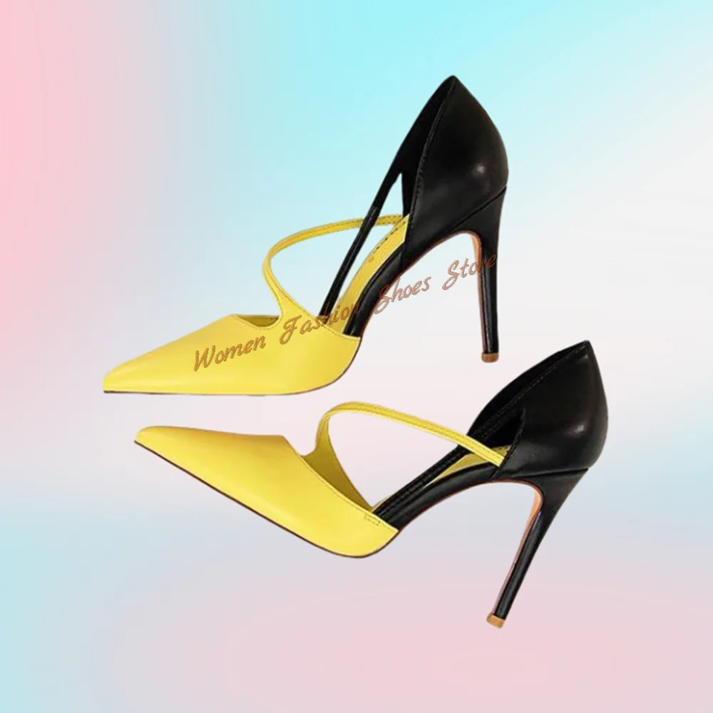 

Yellow Splicing Pointed Toe Pumps Stilettos High Heels Matte Leather High Heel Shoes for Women Heels 2025 New Zapatos Para Mujer