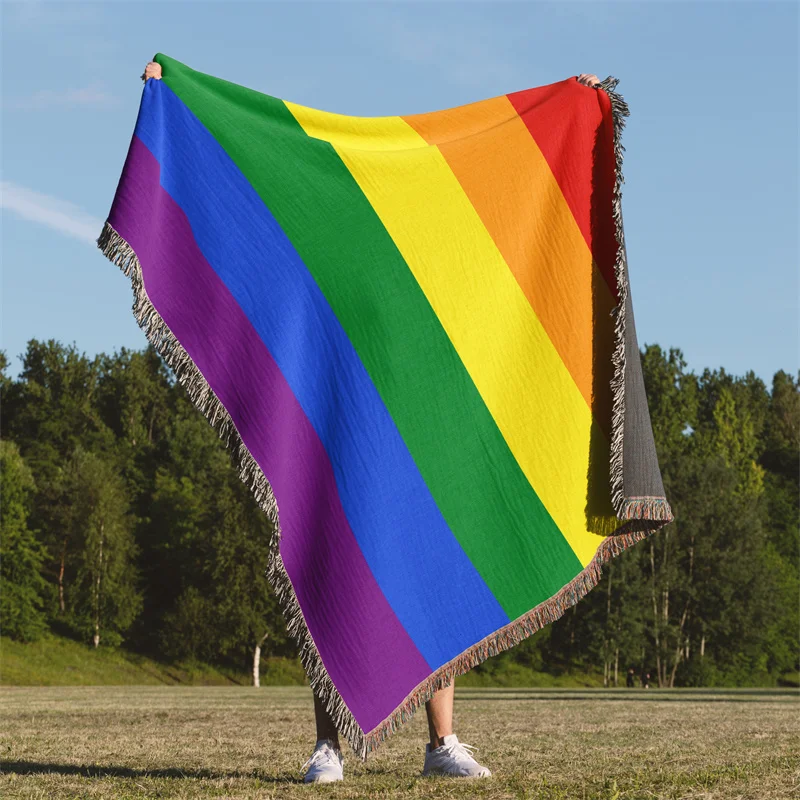 Aertemisi 6 Stripes Rainbow Flag Gay LGBT Rainbow Jacquard Fringed Woven Throw Blanket