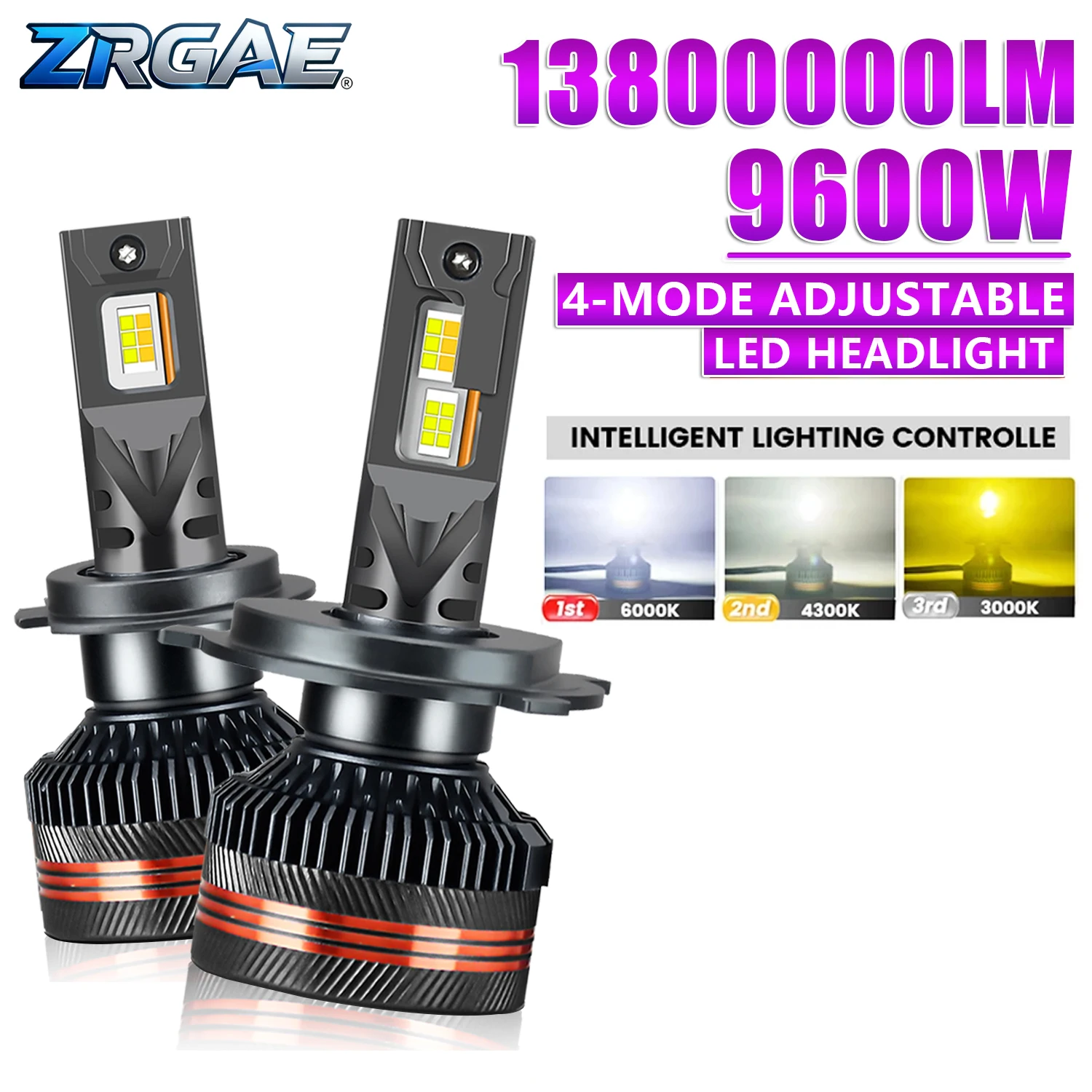 2 peças de Faróis LED Tricolor 9600W H7 H4 H8 H9 H11 com Controle Remoto, Ventilador de Resfriamento H1 9005 9006 HB3 HB4 9012 Hir2 6000K 4300K 3000K