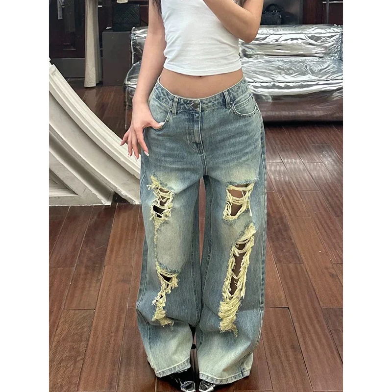 

YIBASHU 2026 Summer Women's Ripped Denim Pants Y2K Men Wide Fit Baggy Jean Japanese Harajuku Jean Punk Tide Mom Jeans Boyfriend
