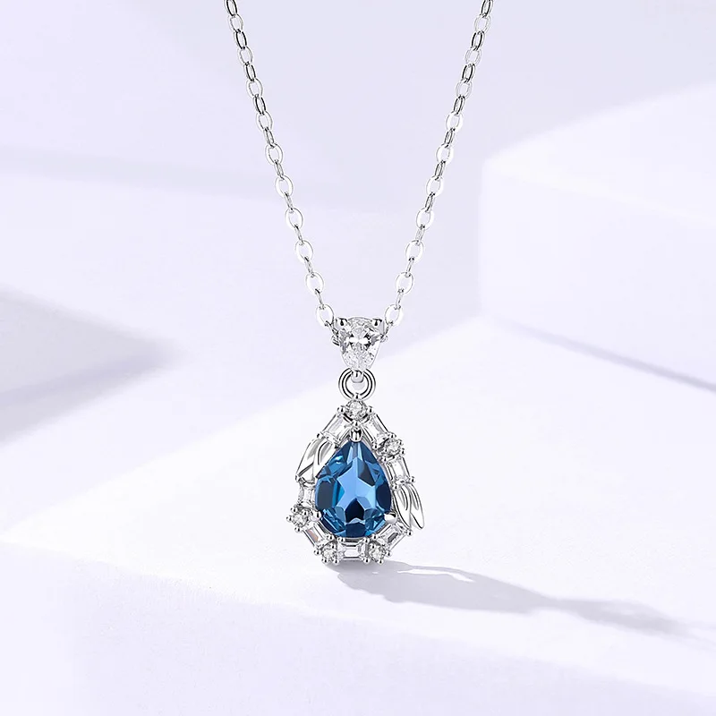 Natural Blue Topaz Teardrop Necklace for Women, S925 Sterling Silver Choker, Hypoallergenic Minimalist Jewelry Gift