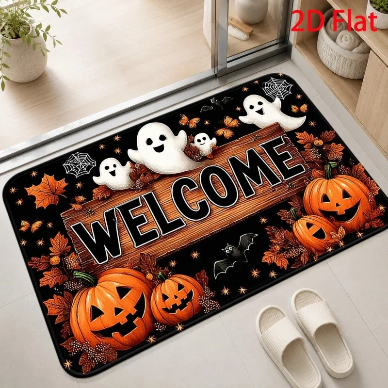 Welcome Sign Ghost Pumpkin Bat Printed Halloween Entry‑way Doormat, Spooky Holiday‑themed Floor Rug, Decorative Household Mat