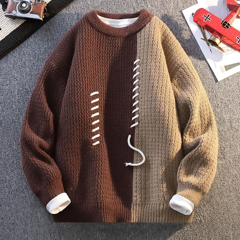 Men's Autumn Winter Long Sleeves Knit Sweater Round Neck Personality Splice Wearing Rope Best Seller Pullover Trend Fashion Tops