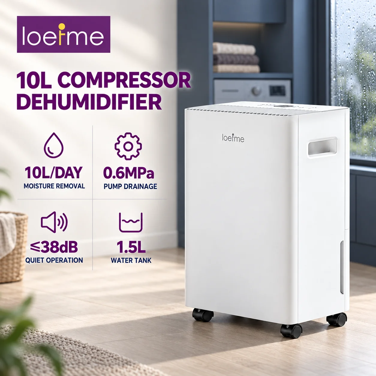 Deumidificatore intelligente LOEFME con compressore, capacità di 10 litri al giorno, pompa di scarico da 0,6 MPa, serbatoio da 1,5 litri, funzionamento silenzioso a 38 dB, controllo a sfioramento LED,