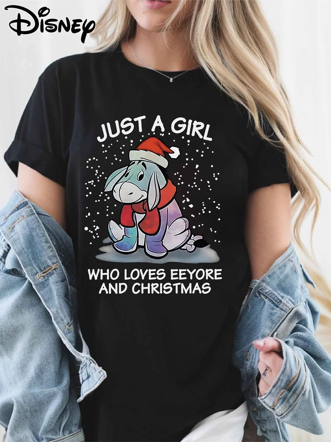 

DISNEY Women's Eeyore & Christmas T-Shirt - "Just A Who Loves Eeyore & Christmas" Cute Short Sleeve Tee with Eeyore Santa Hat