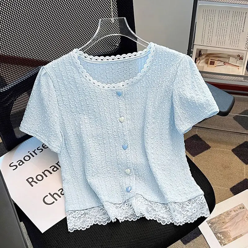 Slimming ort Sve T-irt Women's Lace Trim Patchwork Summer New Sle Outerwear Single Button ort Length Top