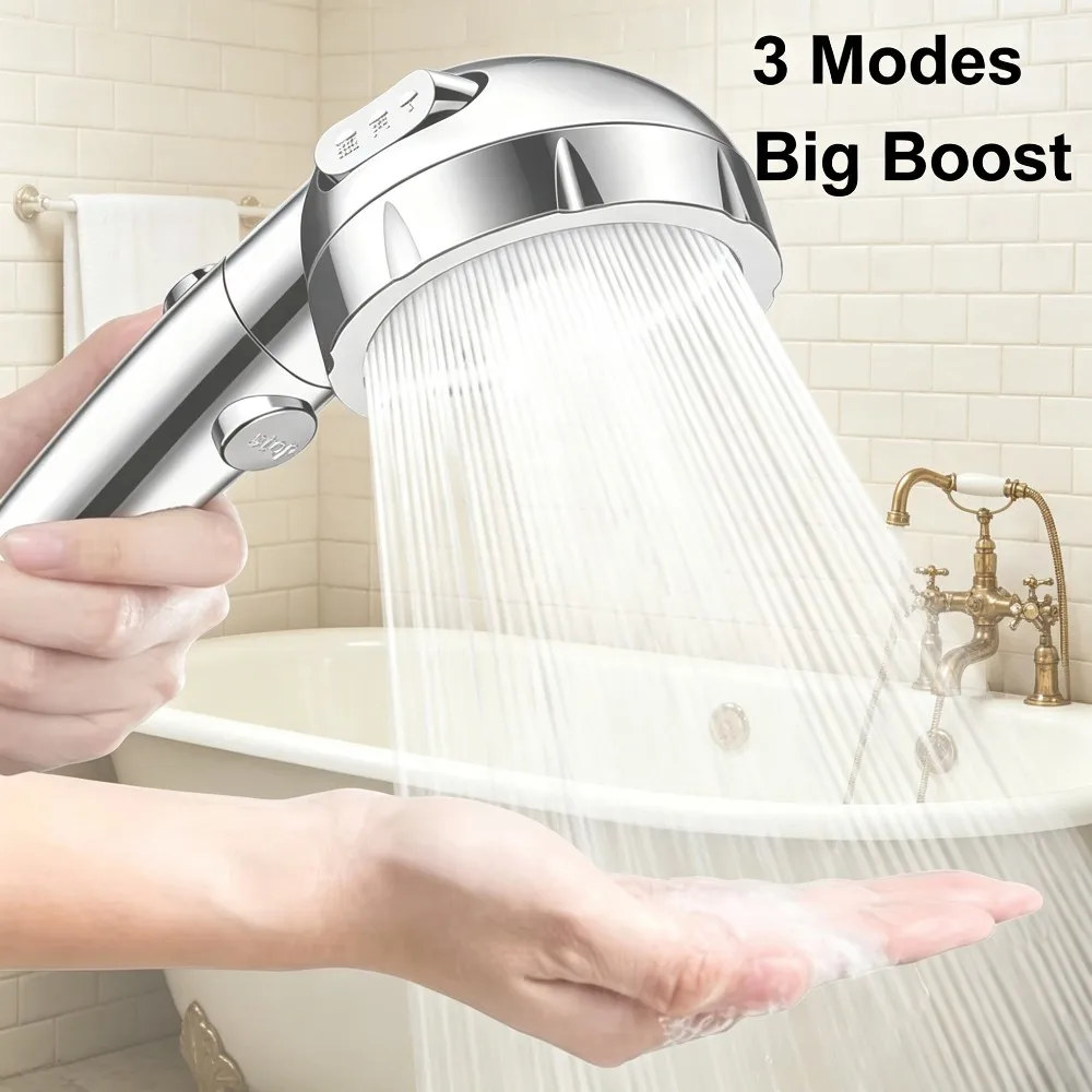 Silver High‑Pressure Handheld Shower Head with 3 Adjustable High‑Flow Spray Modes Durable Household Bathroom Shower Fixture