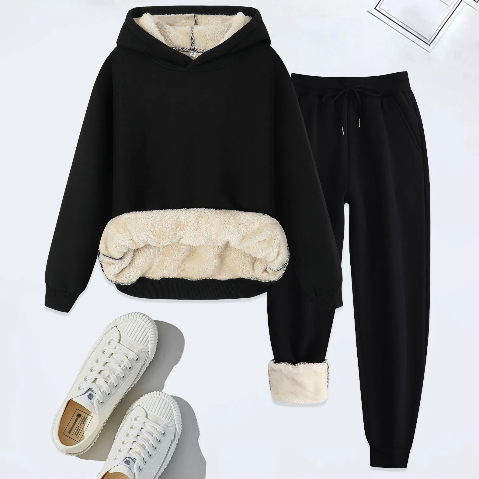 

Winter Men Solid Thickened Lamb Velvet Hoodies Set Warm Fleece Sweatshirt Sweatpants 2pcs Thickened Casual Tracksuit