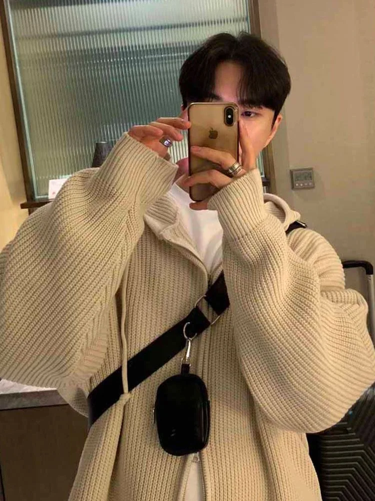 

American Sle Knitted Cardigan Sweater Men's Autumn New Vintage Lazy Trendy Pure Color Zipper Line Clothing Versatile Long S...