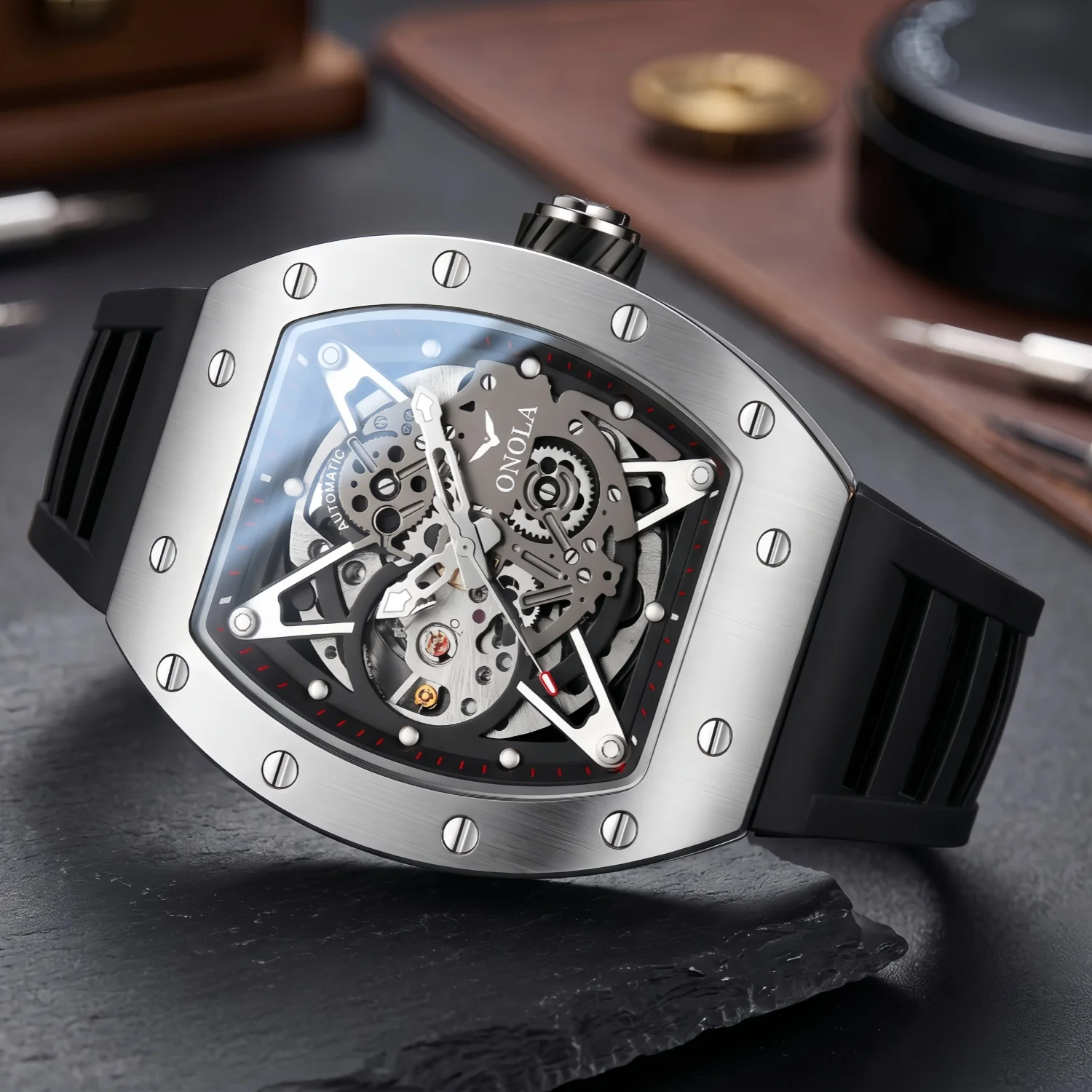 ONOLA Men's Mechanical Watch Alloy Case Silicone Strap Waterproof Night Light Hollow Design Racing Watch, Suitable for Daily view 3