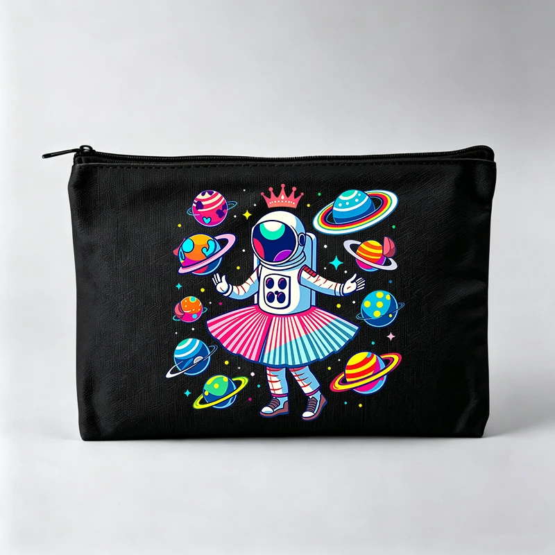 Bolsa de maquillaje con estampado de astronauta espacial para mujer, bolsa de cosméticos con estampado de planetas coloridos para uso diario