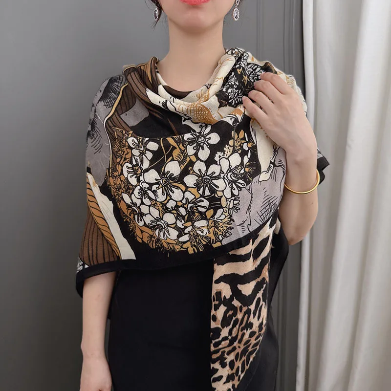 

Popular European and American leopard print floral square scarf women130x130Cotton and linen scarf travel photography, s