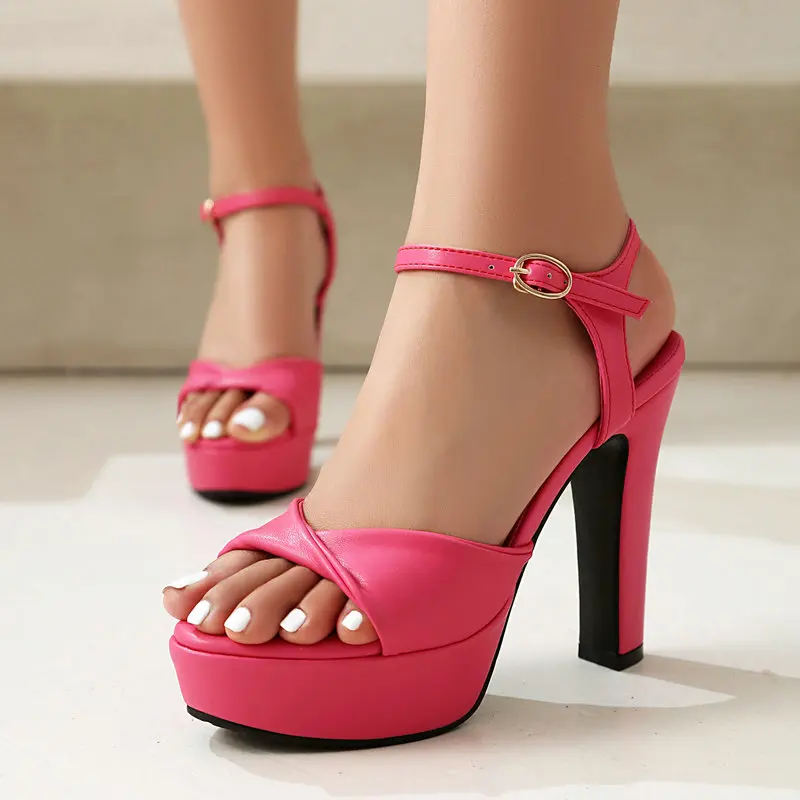 Pure White Rose Red Open Toe Platform Summer Shoes for Wedding Dress Thick High Heels Ankle Wrap Concise Stiletto Women Sandals