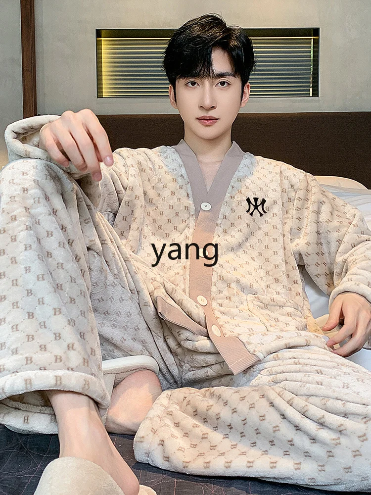 LMM Thickened Fleece Autumn and Winter Men's Teen Large Size Homewear Set