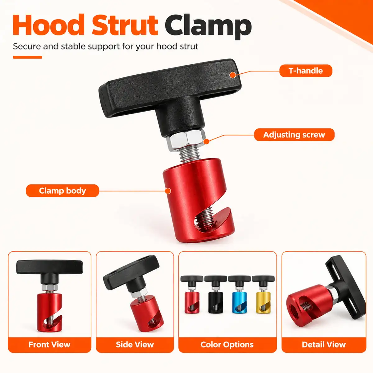 YONGRUN 1/2PCS Hood Strut Clamp Aluminum Alloy Secure Grip Quick Adjust Red Black Blue Yellow Bonnet Support Hardware