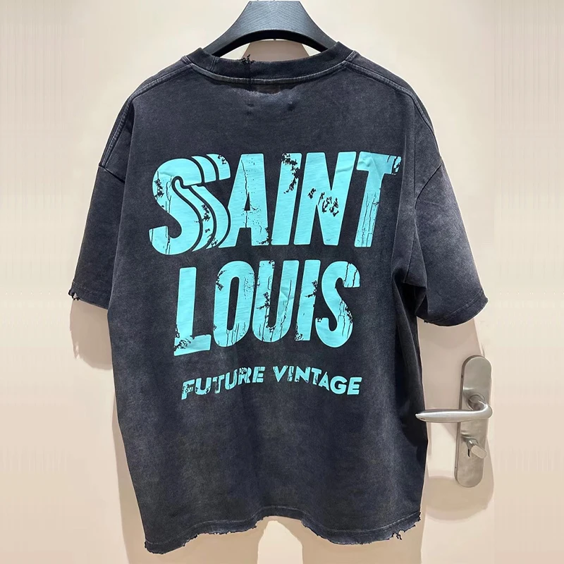 

New Saint Louis T Shirt Men Woman Summer Good Quality Wear Through Wash Splashing Ink LOGO Chaopai Loose Top Tees