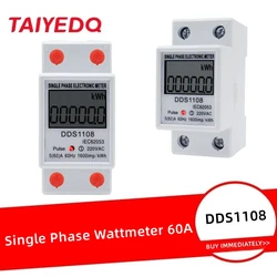 Compteur électrique monophasé à deux fils avec écran numérique LCD, consommation d'énergie, rail DIN, DDS1108, 60A, kWh, AC 230V, 50Hz