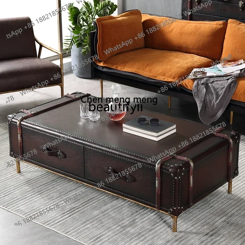 New arrive  American retro storage table living room leather box modern American country rattan old coffee table cigar bar chest
