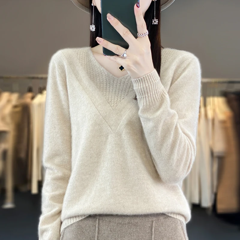 100% Merino wool pullover spring and fall new cashmere sweater women's V-neck pullover warm bottom knit shirt top