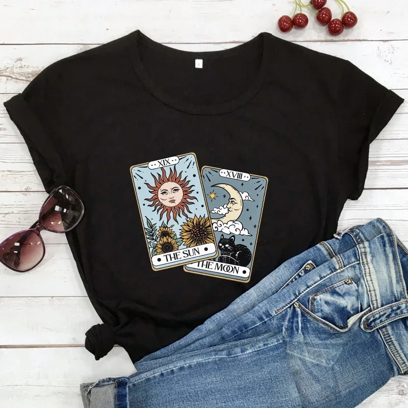 Y2k Short Sleeves T-shirt Tarot Card of The Sun and The Moon Shirt Astrology Tops  Dark Academia Tee Witch Personality Top