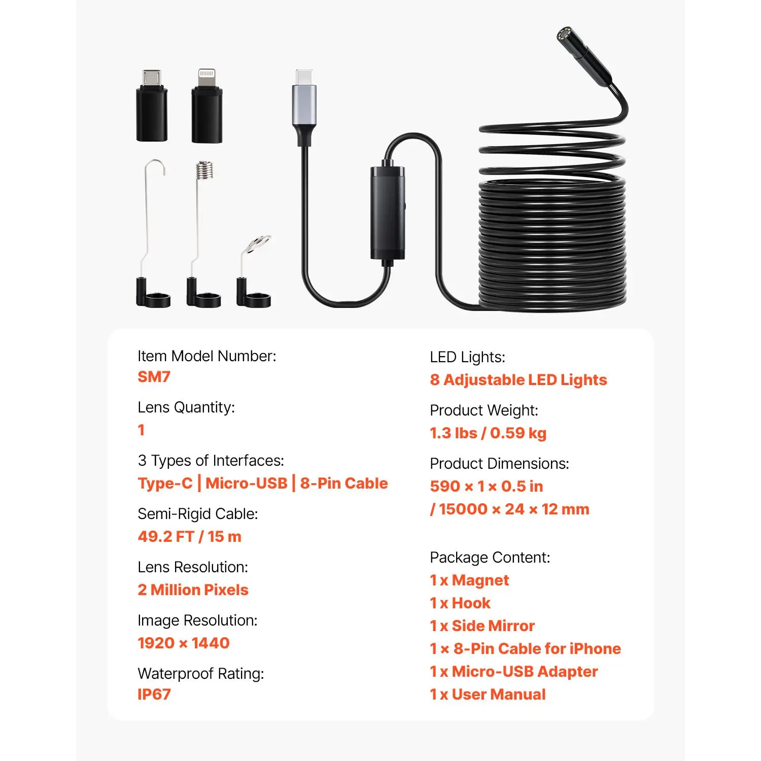 Endoscope Camera with 49.2FT Semi-Rigid Cable, 1920P HD Borescope for Android & IOS, Industrial Inspection Camera with Light - 8 LED, 2X Zoom, IP67 Waterproof Snake Camera for Auto, Plumbing
