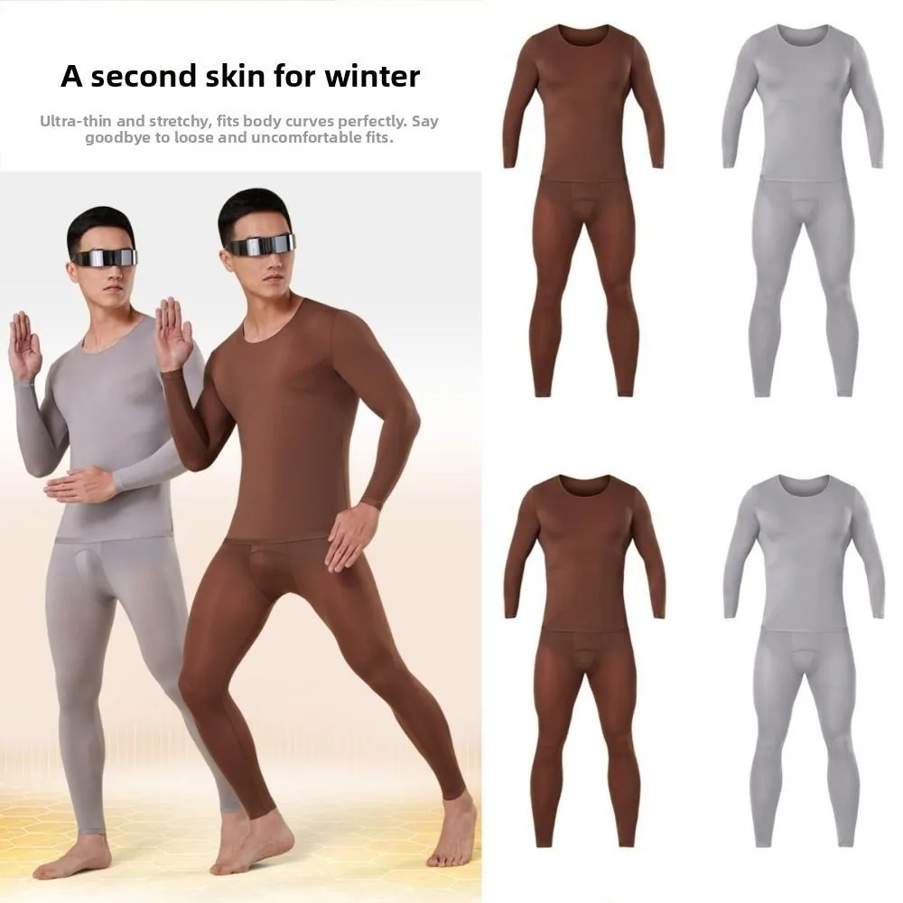 Tops and Pants Men Thermal Clothes Low Neck Feel Heating Thermal Underwear Ultra-thin Invisible Lingerie Warmth Long Pants