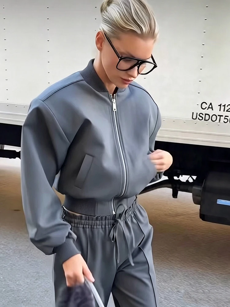 Women Cropped Bomber Jacket Stand Collar Zip Up Raglan Sleeve Elastic Hem Casual Baseball Coat