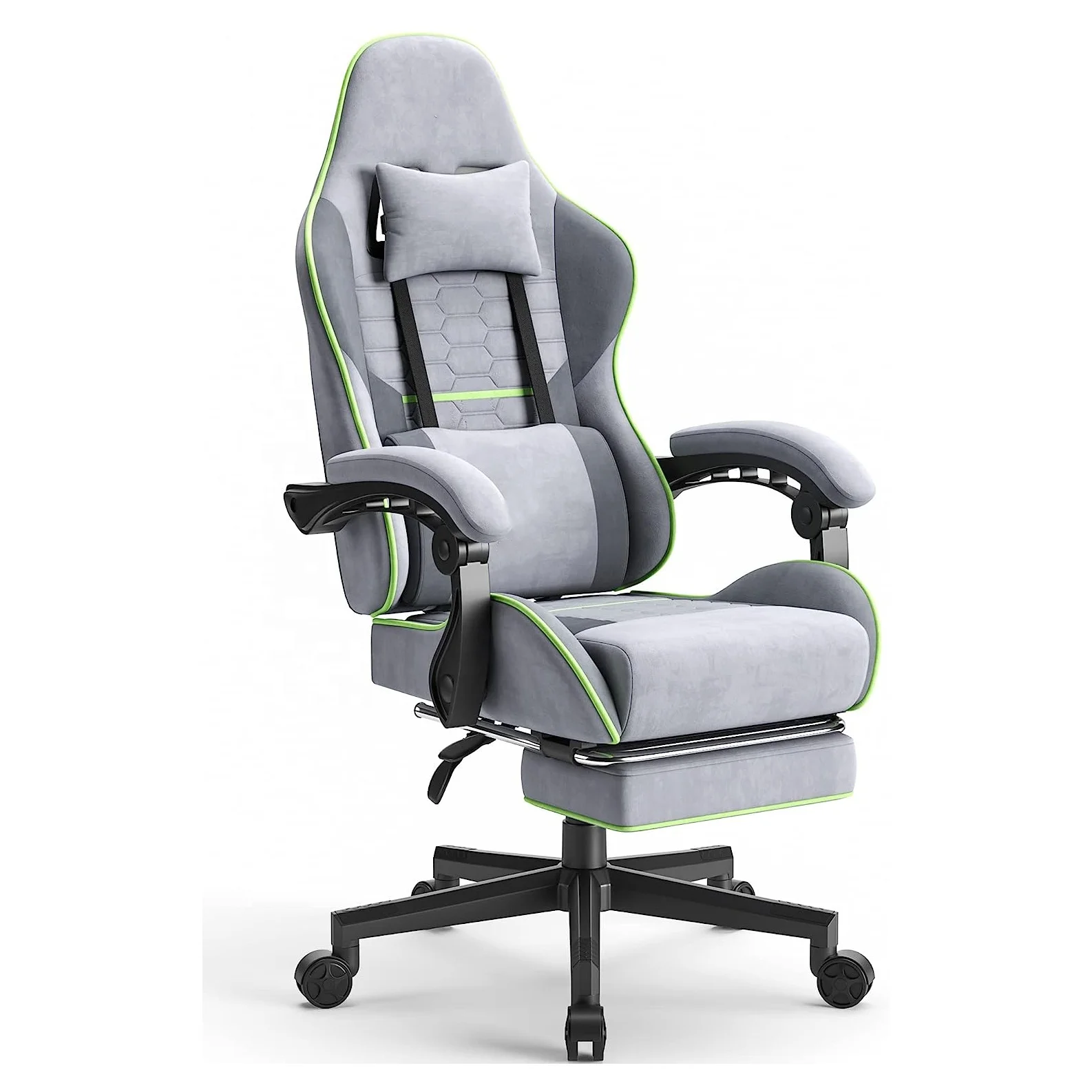 

Green Line Design Grey Fabric Massage Game Chair with Footrest Ergonomic Racing Gaming Chairs Swivel Office Chairs with Footrest