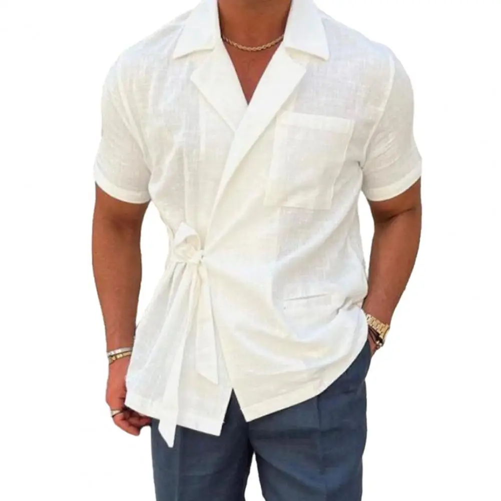 Men Casual Shirt Stylish Men's Summer Shirt Set Lapel Strap French Tie Waist Suit Casual Loose Top Solid Color Short-sleeved