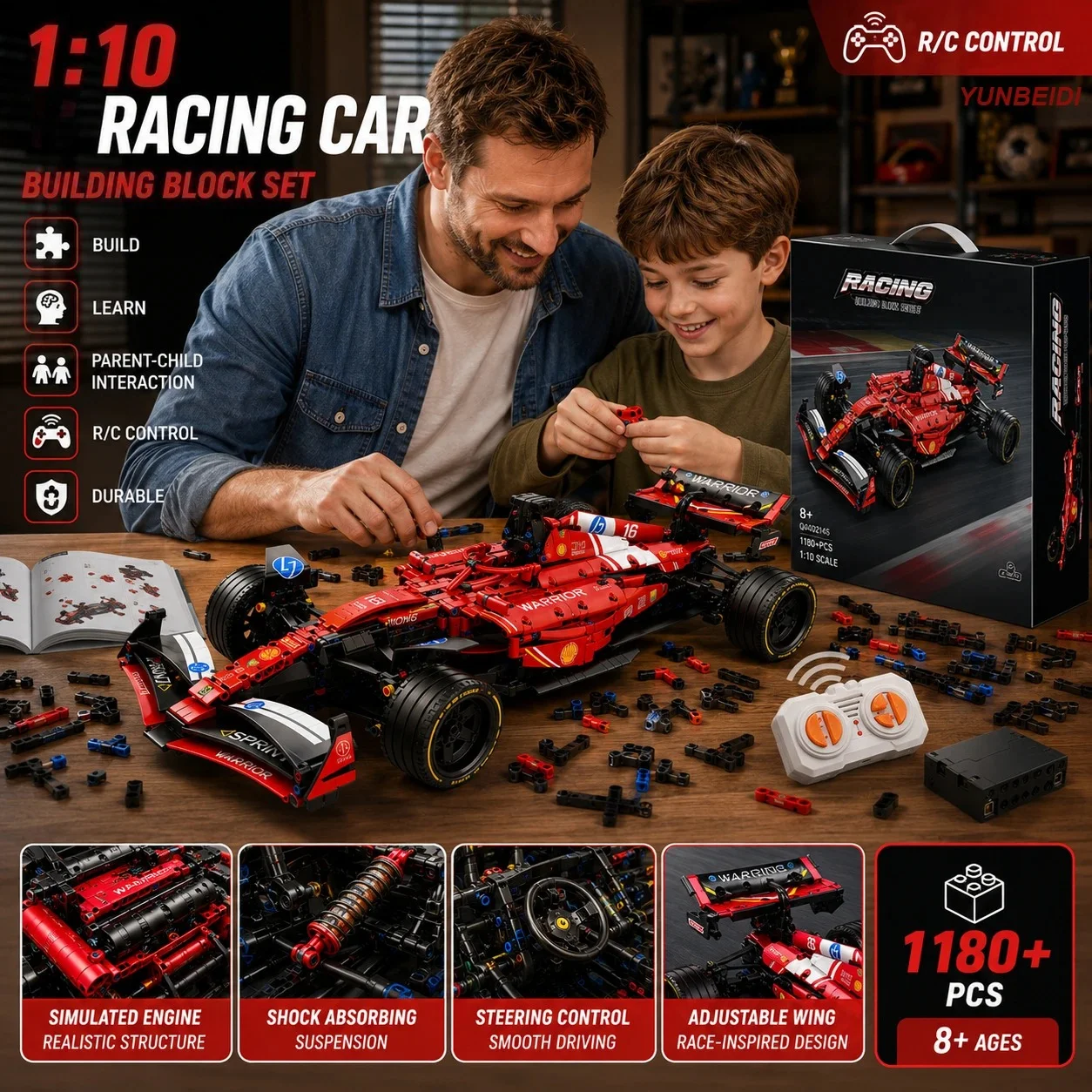 1:10 Building Block Racing Car Assembly Model 1180pcs+ DIY Static & Dynamic RC Car Kit STEM Toy for Kids Adults Collectors Gifts