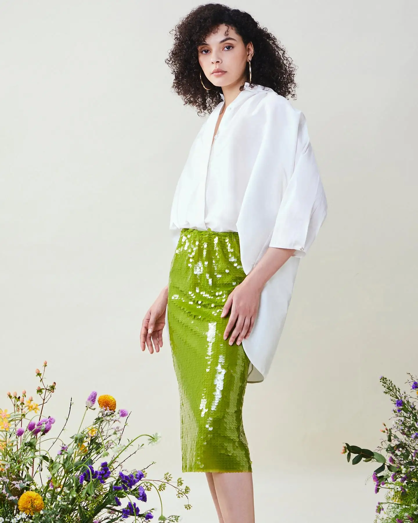 Bling Bling Neon Green Sequined Midi Women Skirts Zipper Waistband Pencil Stylish Female Sequin Skirt Maxi Skirt