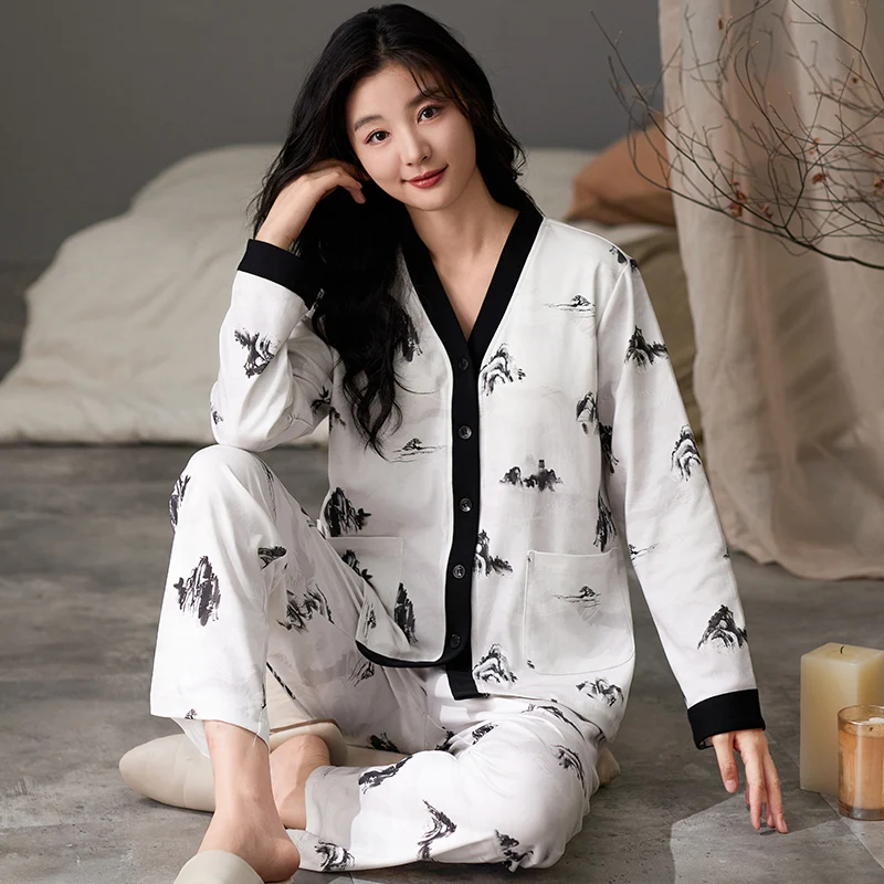 Ink and Wash Women Pajamas Set Casual Long Sleeves Long Pants Autumn Winter Simple Sleepwear Cozy Pyjamas Soft Pijamas Girls Pjs