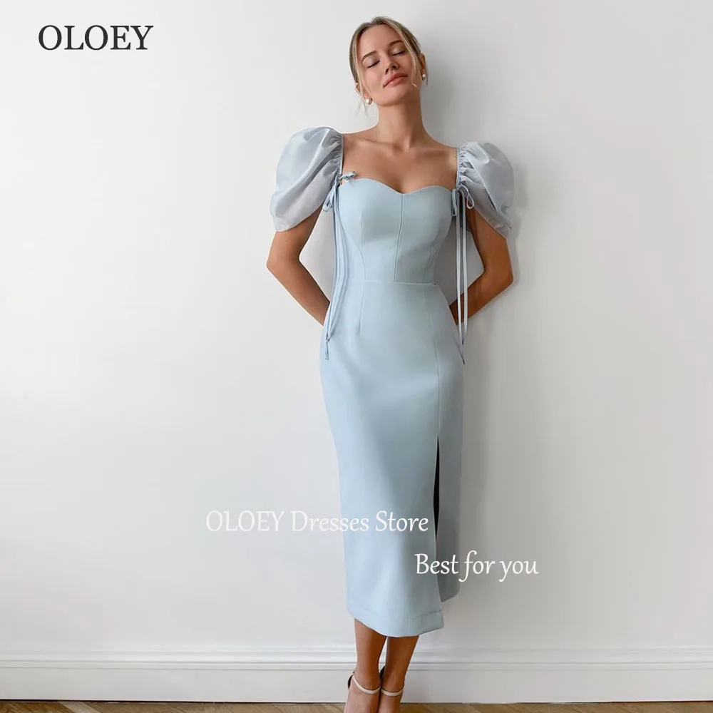 

OLOEY Blue Formal Evening Dresses Tea-Length Puff Short Sleeves Side Slit Prom Party Gown for Women Elegant vestidos de fiesta