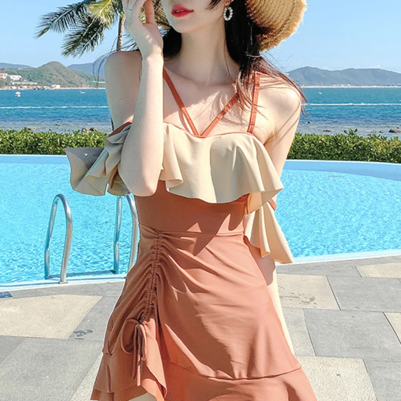 

Summer Girls Slimming One-Piece Dress Swimsuit Patchwork Sexy Off-the-Shoulder Ruffled Collar Beach Clothes Swimwear Bikinis