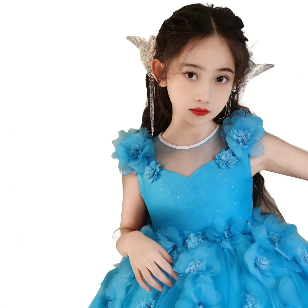 Girls Pink Floral Princess Party Dress Children Flower Performance Pageant Evening Clothes Girl Wedding Gown for Kids Host Piano