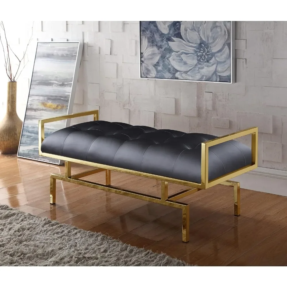 PU Leather| Modern Contemporary Tufted Seating Goldtone Metal Leg Bench