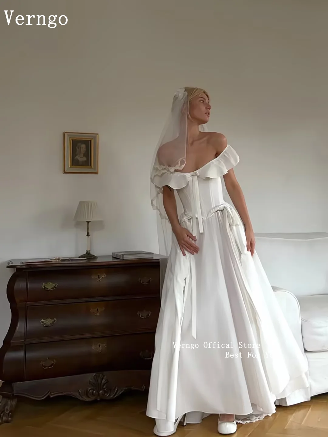 Verngo Vintage Satin Wedding Dress Off Shoulder Ruffle Corset Bodice Bride Dress Bows A Line Floor Length Bridal Gown Customized