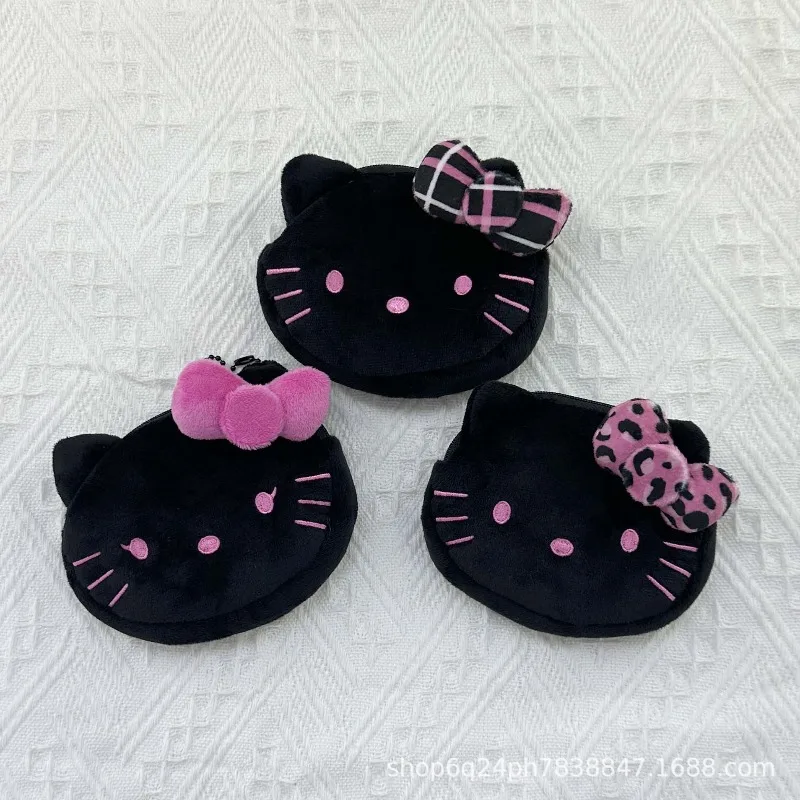 Sanrio All black Hello Kitty fluffy plush toy Keychain Kawaii Cartoon black pink Kitty Bag Car key ring Girly Plush Coin Purse