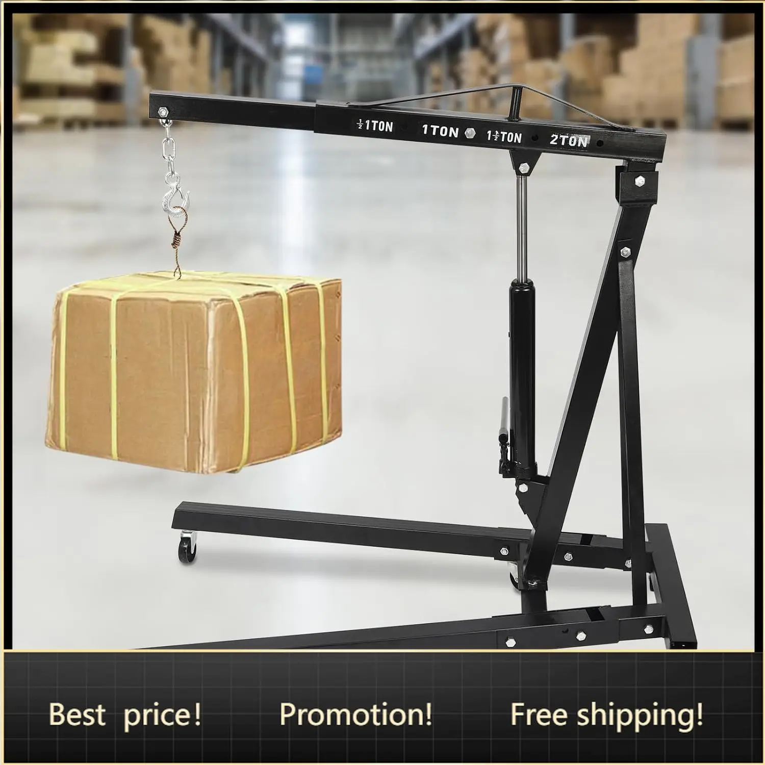 

2 Ton Folding Hydraulic Engine Hoist Crane, Heavy Duty Cherry Picker Shop Crane Lift with 6 Casters, 4400 lbs Capacity, Black St