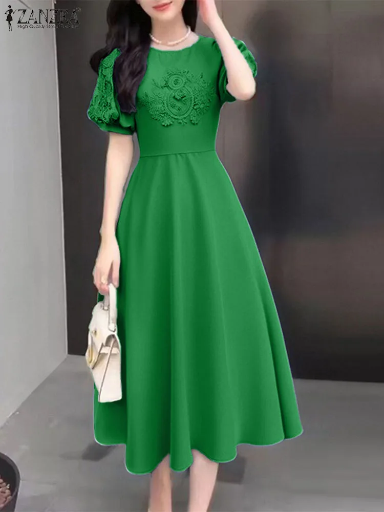 

ZANZEA Women Printed Elegant Dress Summer Short Sleeve Sundress A-Line Office Work Vestidos 2025 Casual Loose Robe Femme