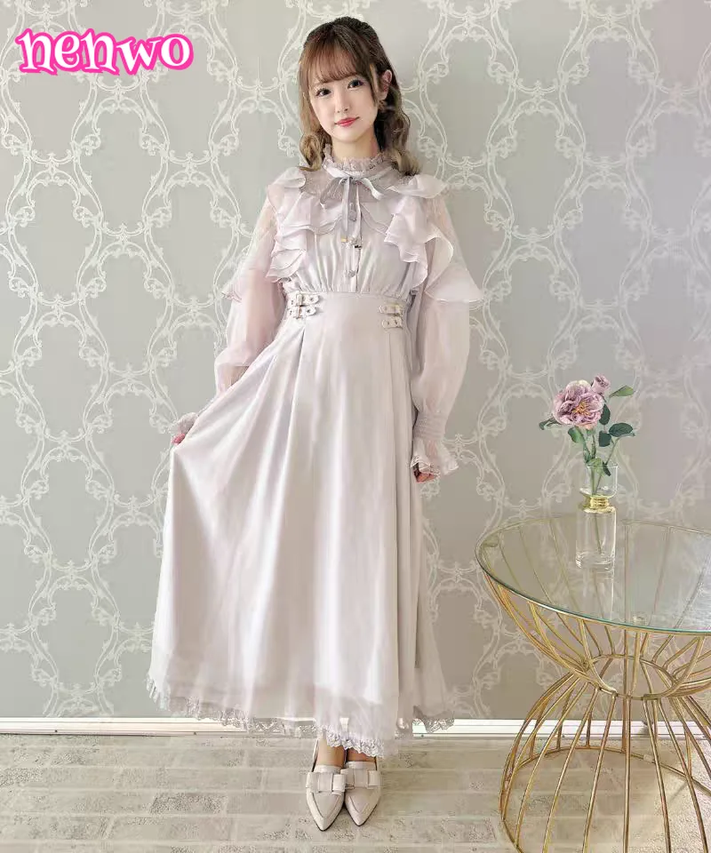 

Японское милое платье в стиле Лолиты, женское осеннее однотонное шифоновое длинное платье, милое платье макси с бантом и кружевной отделкой, сращенное платье макси с длинными рукавами