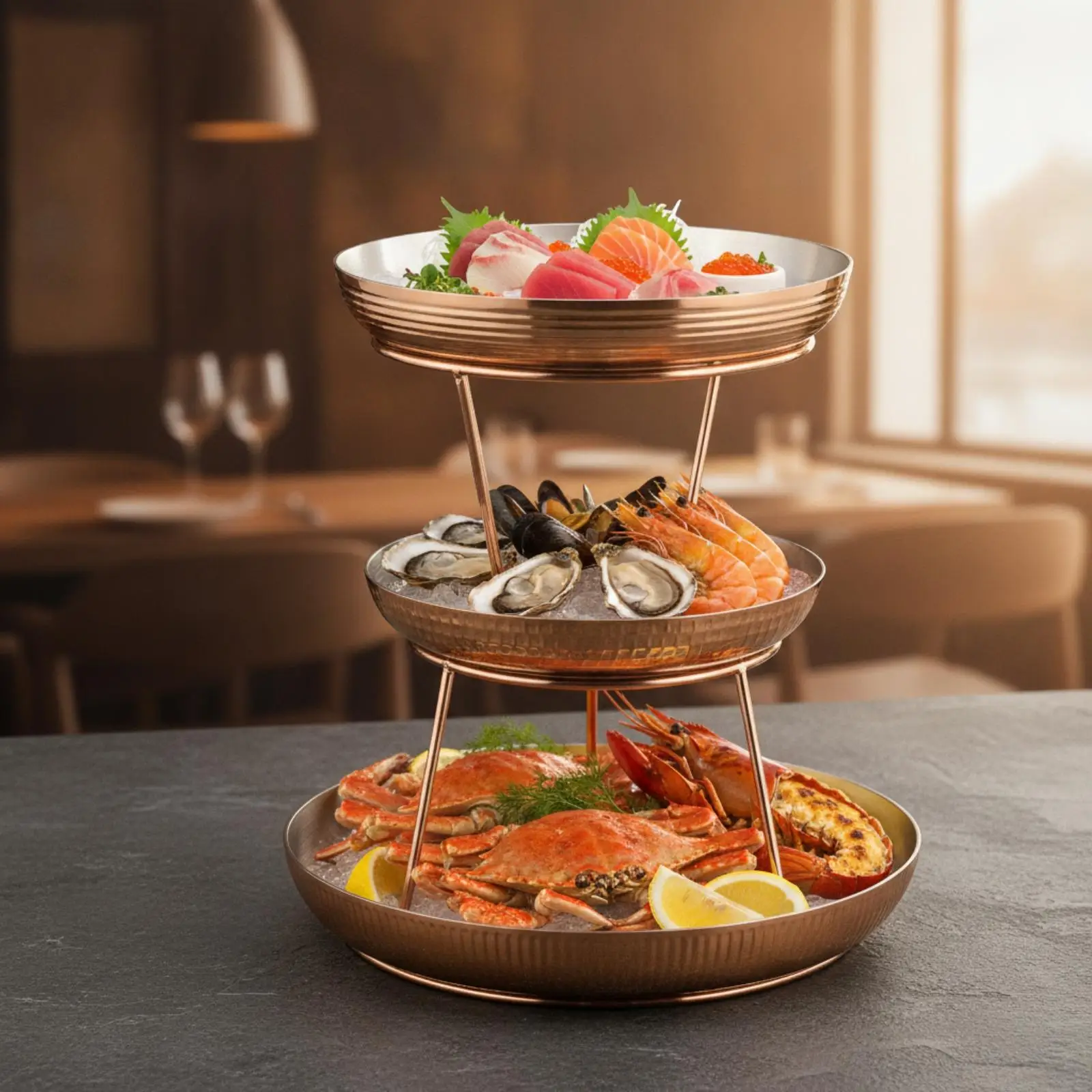304 Stainless Steel Multi Layer Seafood Serving Tray Stand for Sashimi Snack Fruit Vegetable Catering Display