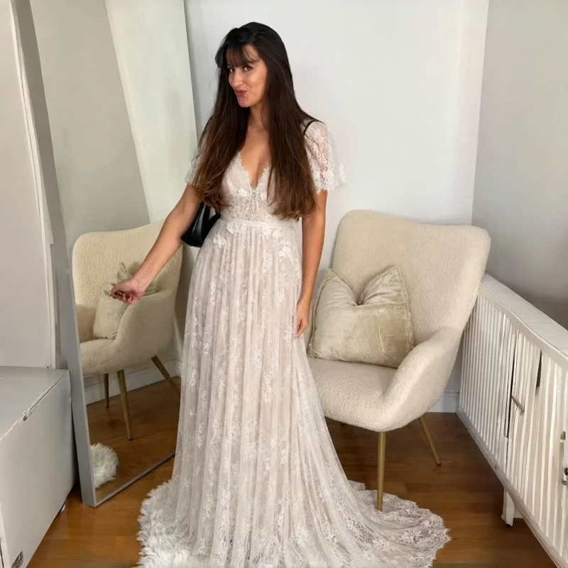 Flutter Short Sleeve Full Eyelash Lace A-Line Wedding Dress Scalloped Deep V Neck 3D Floral Waist Detail Sweep Train Customiz