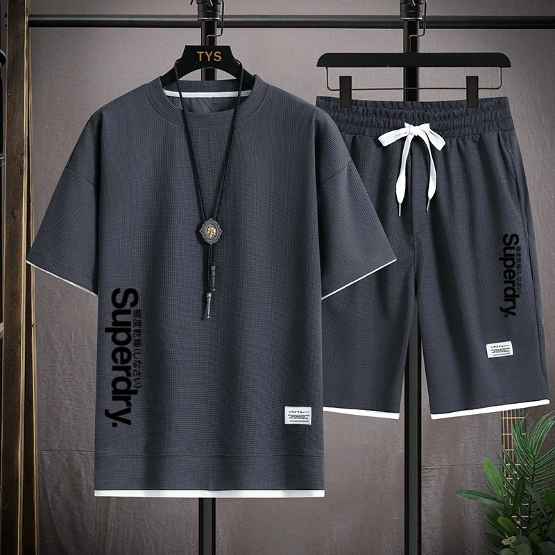 

New street hip-hop loose men's round neck pullover sports suit fashionable printed men's casual T-shirt+shorts two-piece set